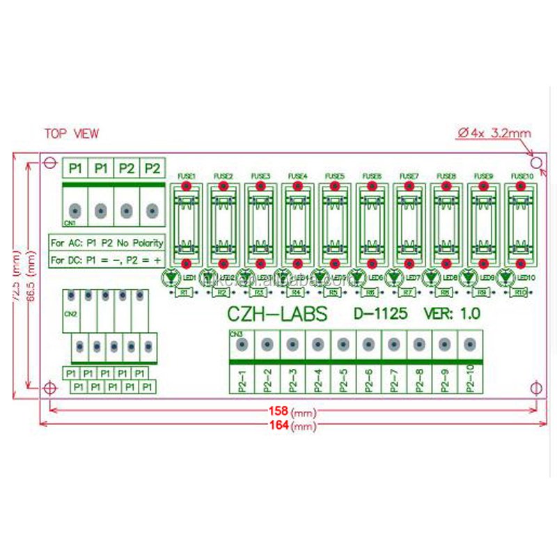 DIN Rail Mount 10 Position Power Distribution Fuse Module Board, For AC/DC 5~48V. Fuse power breakout board