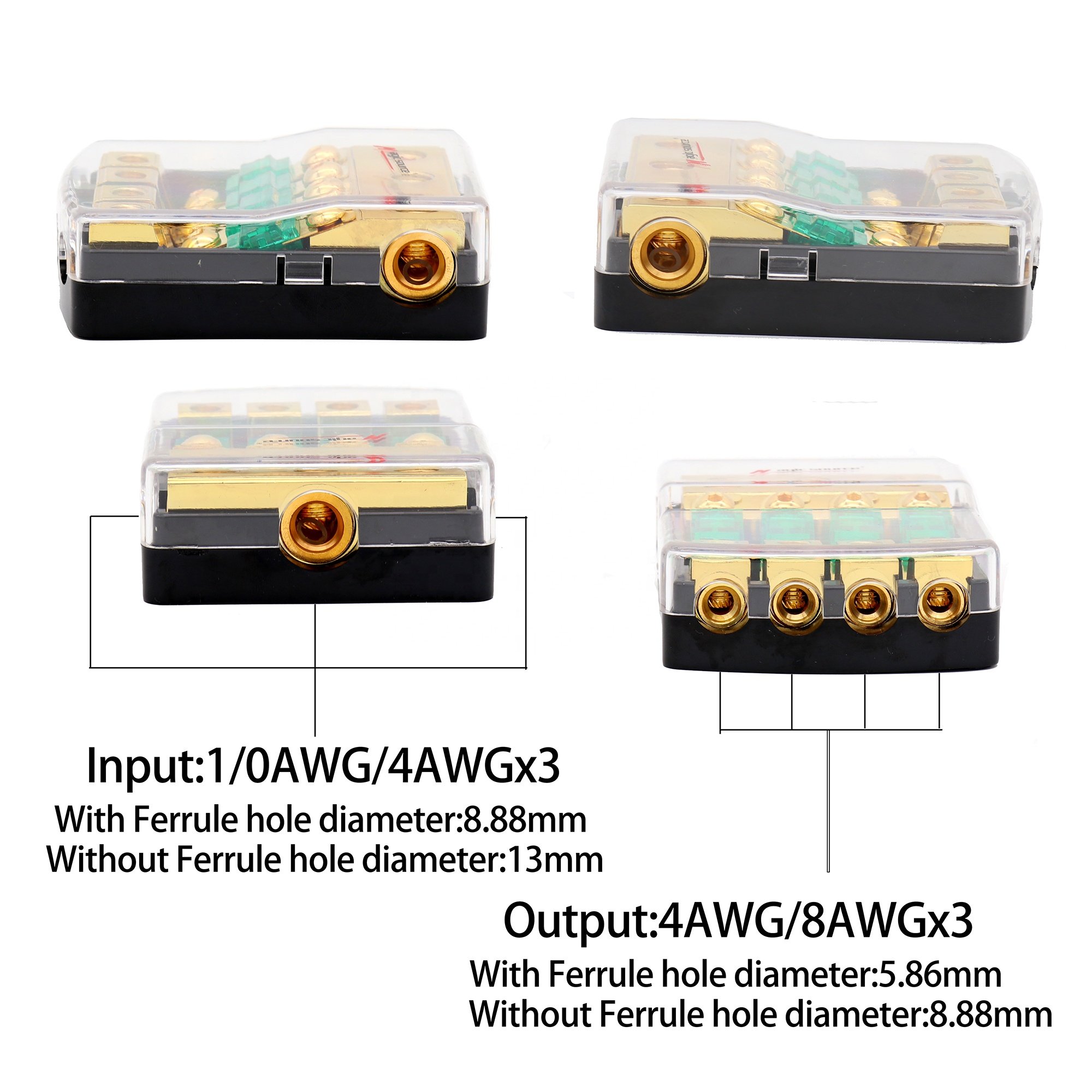 4 Way Mini ANL Fuse Holder, Copper 0/2/4 Gauge to 4/6/8 Gauge 60 Amp Fuse Distribution Block for Car Truck Boat Audio Stereo