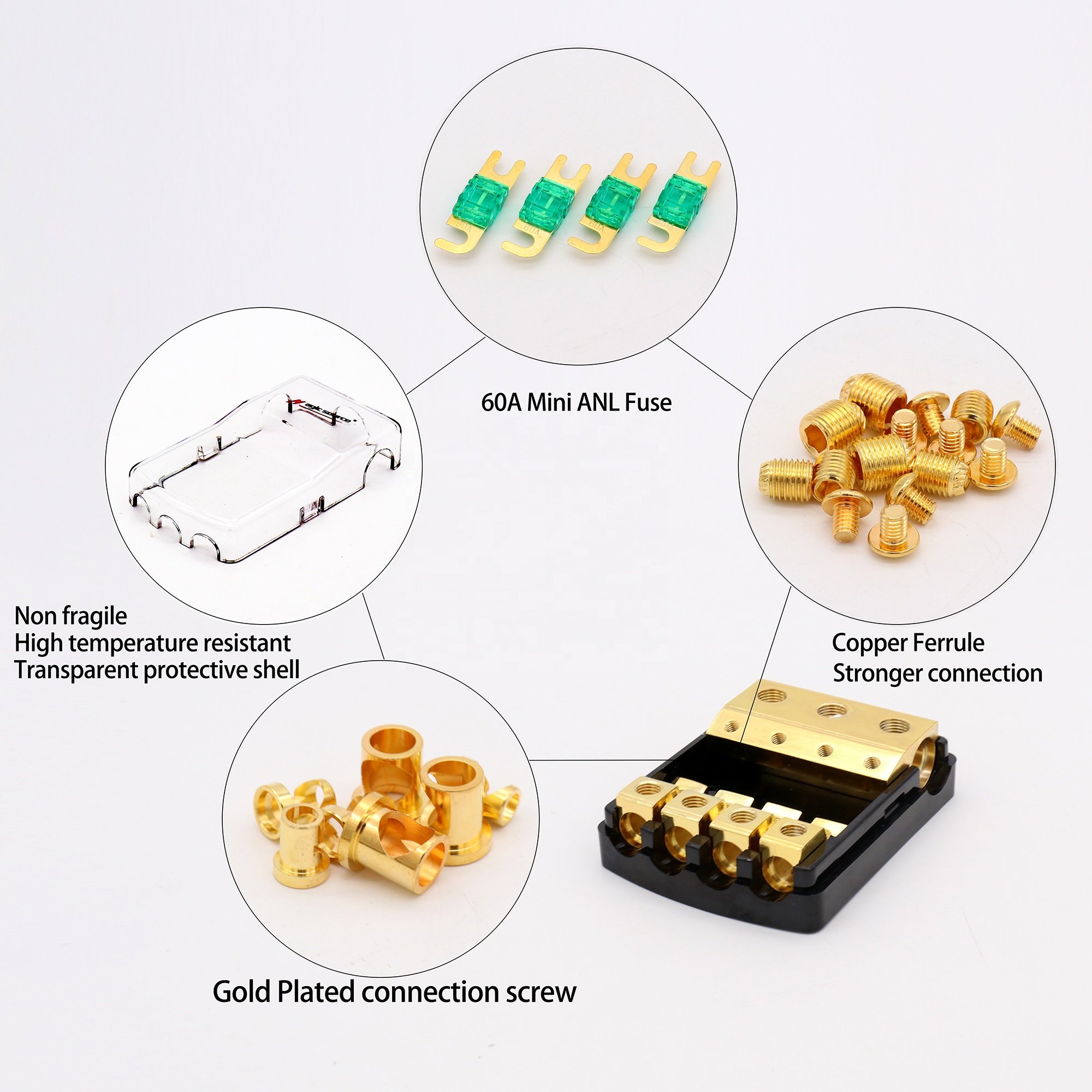 4 Way Mini ANL Fuse Holder, Copper 0/2/4 Gauge to 4/6/8 Gauge 60 Amp Fuse Distribution Block for Car Truck Boat Audio Stereo