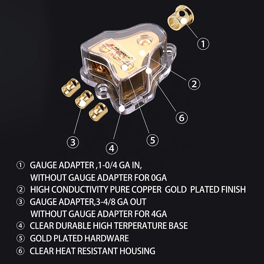 3 Way Copper Power Distribution Block for Car Audio 0/2/4 Gauge in 4/8 Gauge out Splitter Components
