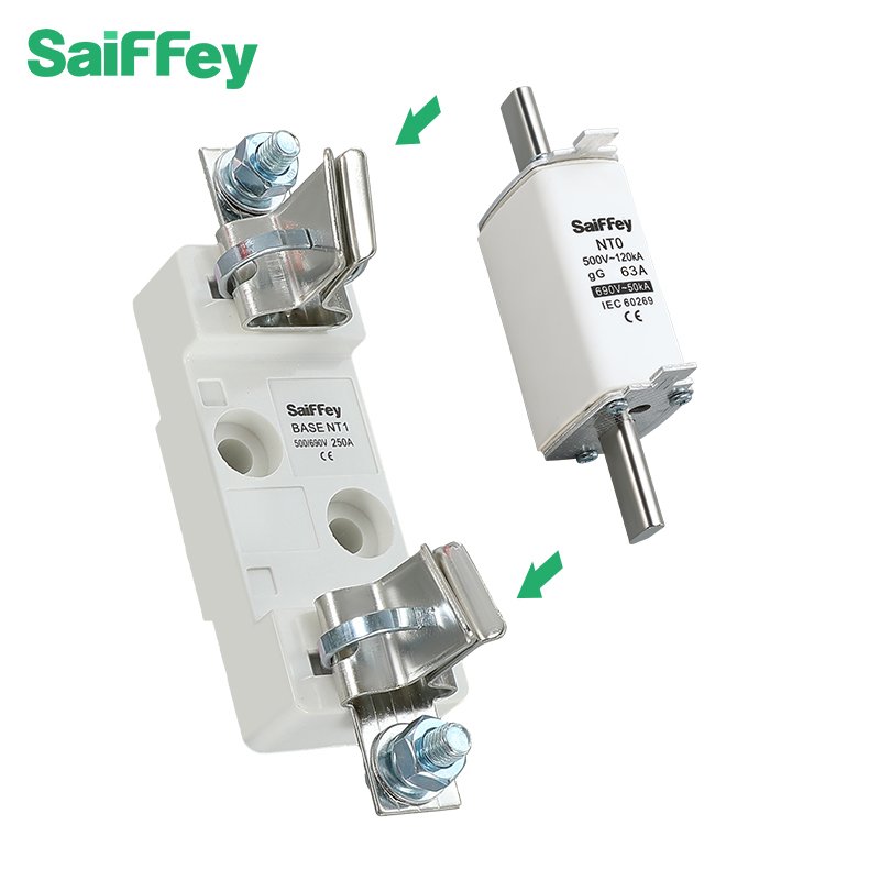 Saiffey NT0 Series White Color 63A 500V 120KA Ceramic Fuse Link Brass High Rupturing Capacity Fuse Link Disconnecting Switch