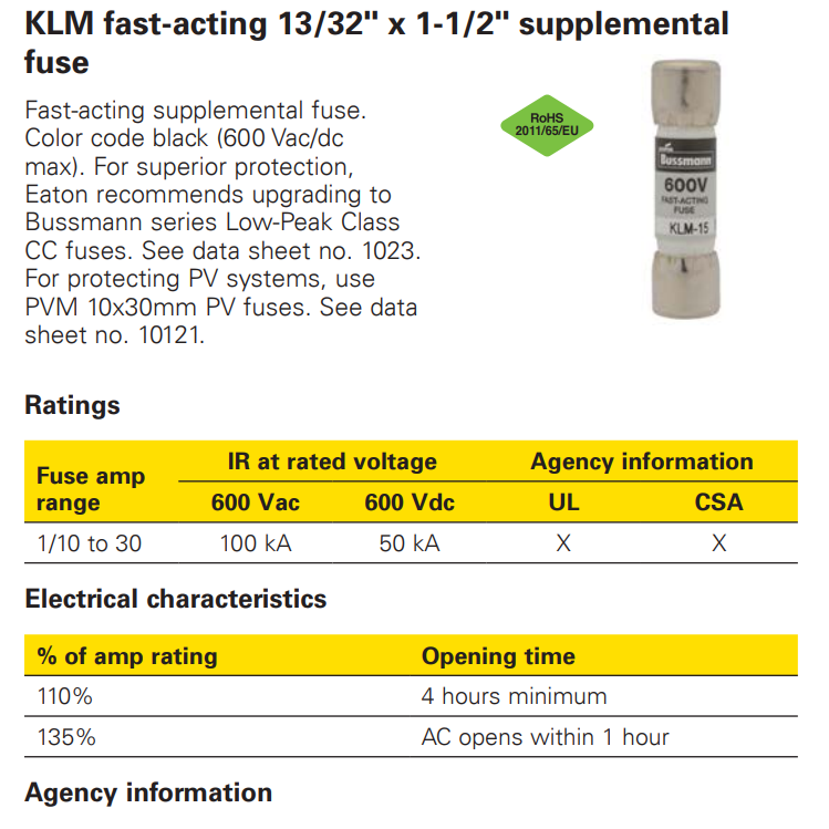 KLM fast-acting 13/32 x 1-1/2 supplemental ev blow anl high speed electric tubetime delay din railhermal EATON Bussmann fuse