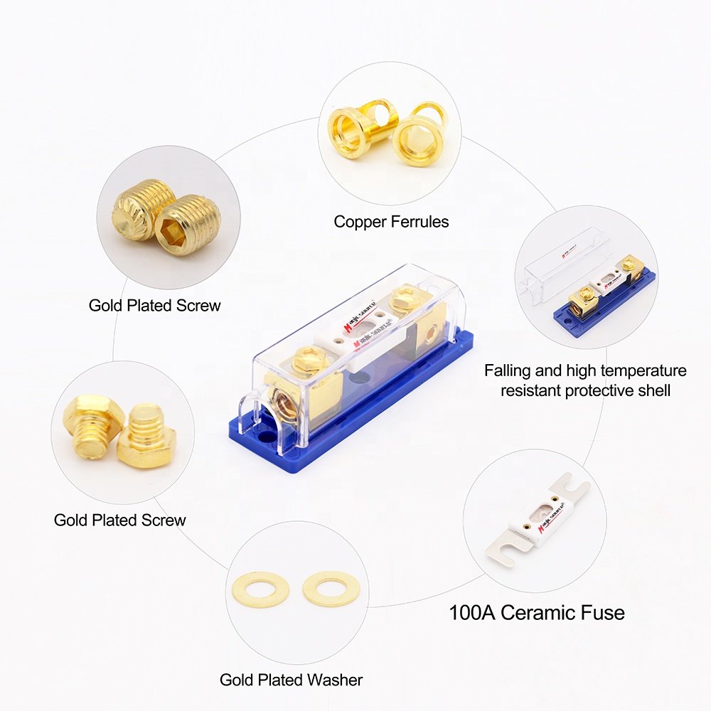 0/2/4 Gauge AWG Inline ANL Fuse Holder with 100 Amp Fuse Pure Copper Gold-plated Conductor For Car Audio