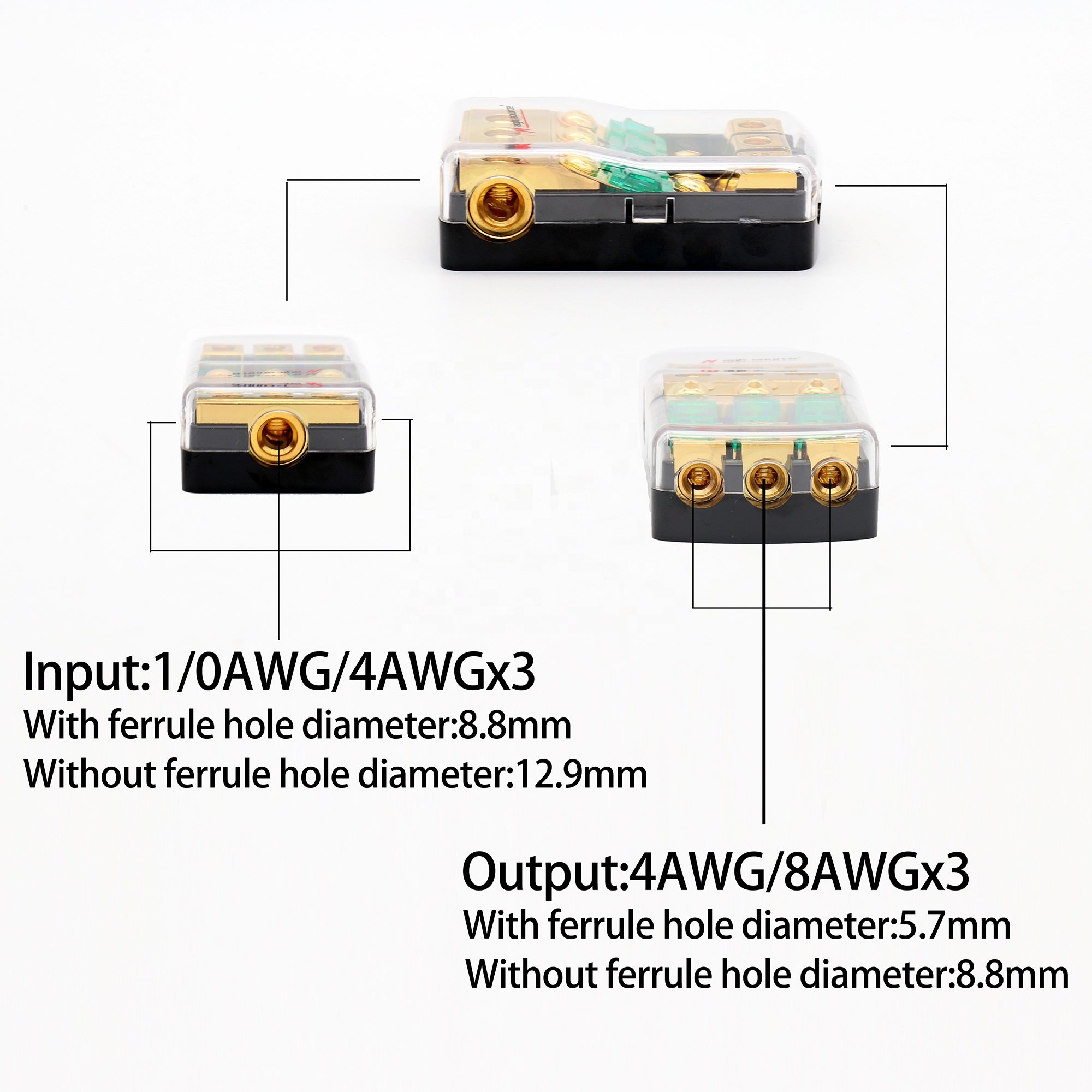 3 Way Mini ANL Fuse Holder, Copper 0/2/4 Gauge to 4/6/8 Gauge 60 Amp Fuse Distribution Block for Car Truck Boat Audio Stereo