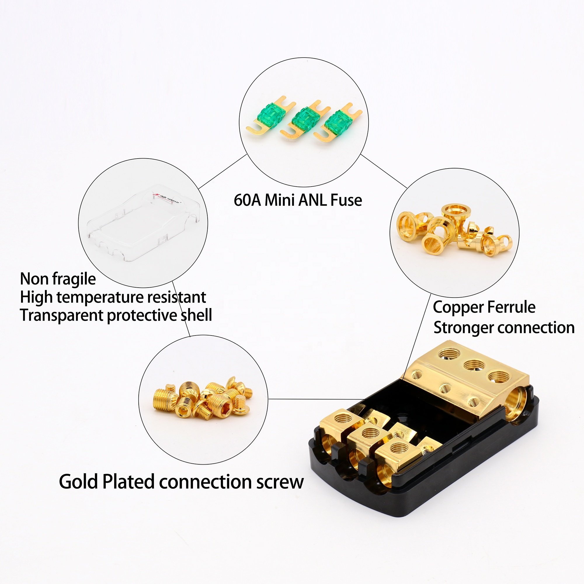 3 Way Mini ANL Fuse Holder, Copper 0/2/4 Gauge to 4/6/8 Gauge 60 Amp Fuse Distribution Block for Car Truck Boat Audio Stereo