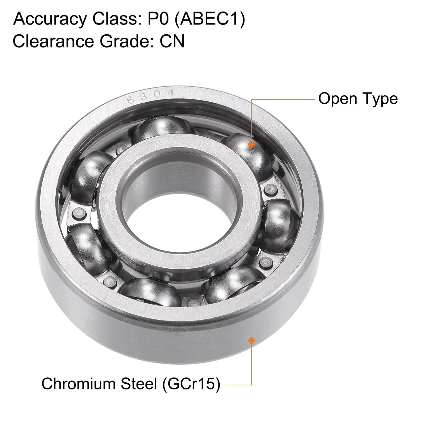 6304 Deep Groove Ball Bearings 20mm Bore 52mm OD 15mm Thick CN Open Type Chrome Steel