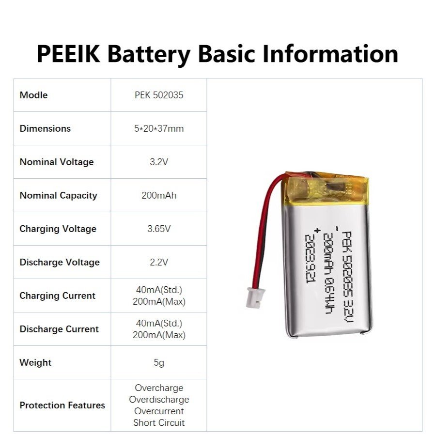 PEEIK 502035 200mAh 3.2V Hearing Aid Safety Protection Long Battery Life Battery Discounts Battery Technical Support