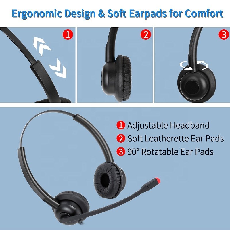 Binaural Noise Cancelling Usb Headset Call Center LED Black ABS Plastic Wired Adjustable Headband Computer PC Contact Center