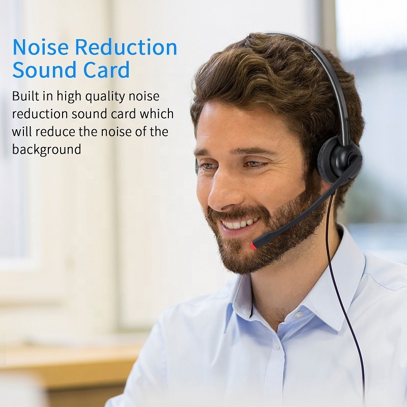 Binaural Noise Cancelling Usb Headset Call Center LED Black ABS Plastic Wired Adjustable Headband Computer PC Contact Center