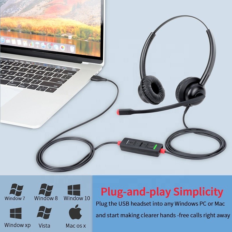 Binaural Noise Cancelling Usb Headset Call Center LED Black ABS Plastic Wired Adjustable Headband Computer PC Contact Center