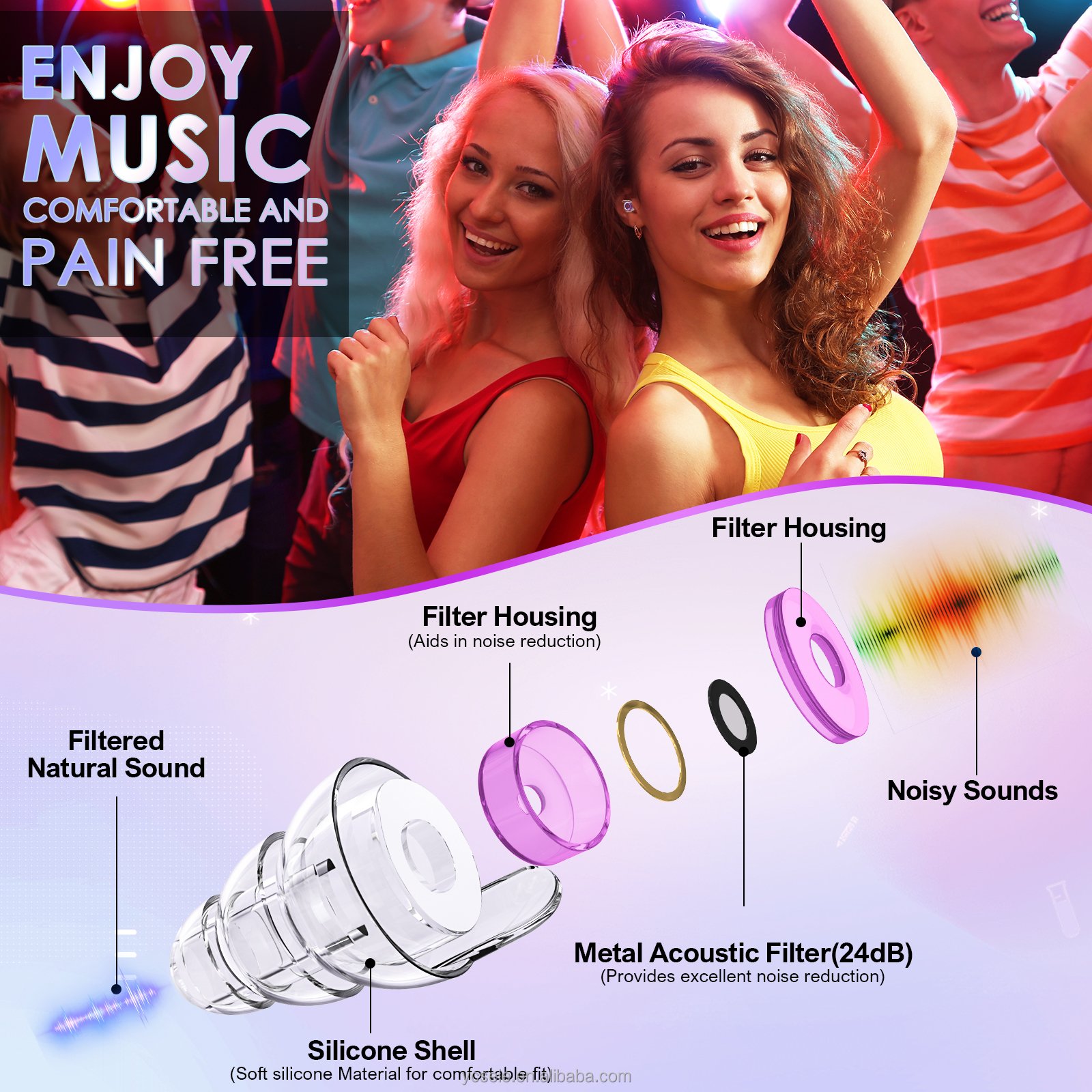 Hearing Protection 24dB Musician Concert EarPlugs Silicone Noise Reduction Cancelling Music Earplugs