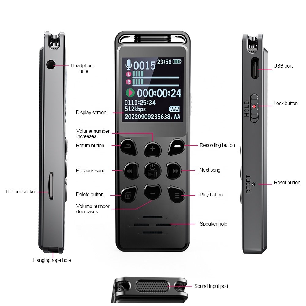 V68 Voice Recorder Digital MP3 Player 580mAh Noise Reduction Password Protection TFT Colorful Screen Audio Interview Dictaphone