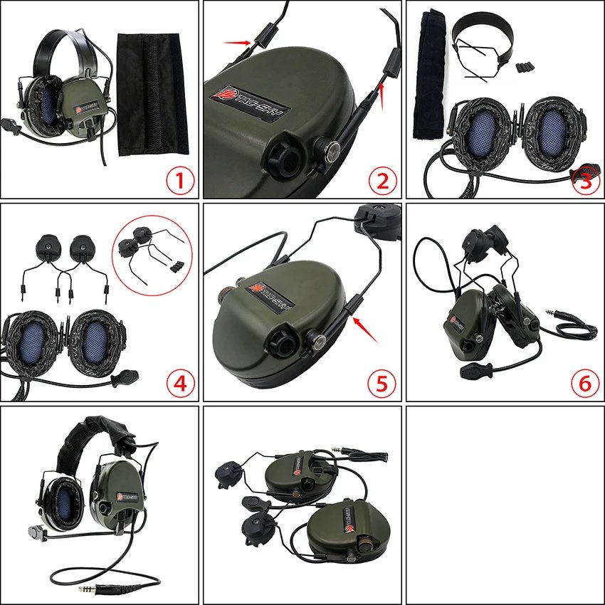TAC-SKY Tactical Headset TEA Hi-Threat 1 Silicone Electronic Shooting Earmuffs with U94 PTT Adapter and ARC Rail Helmet Adapter