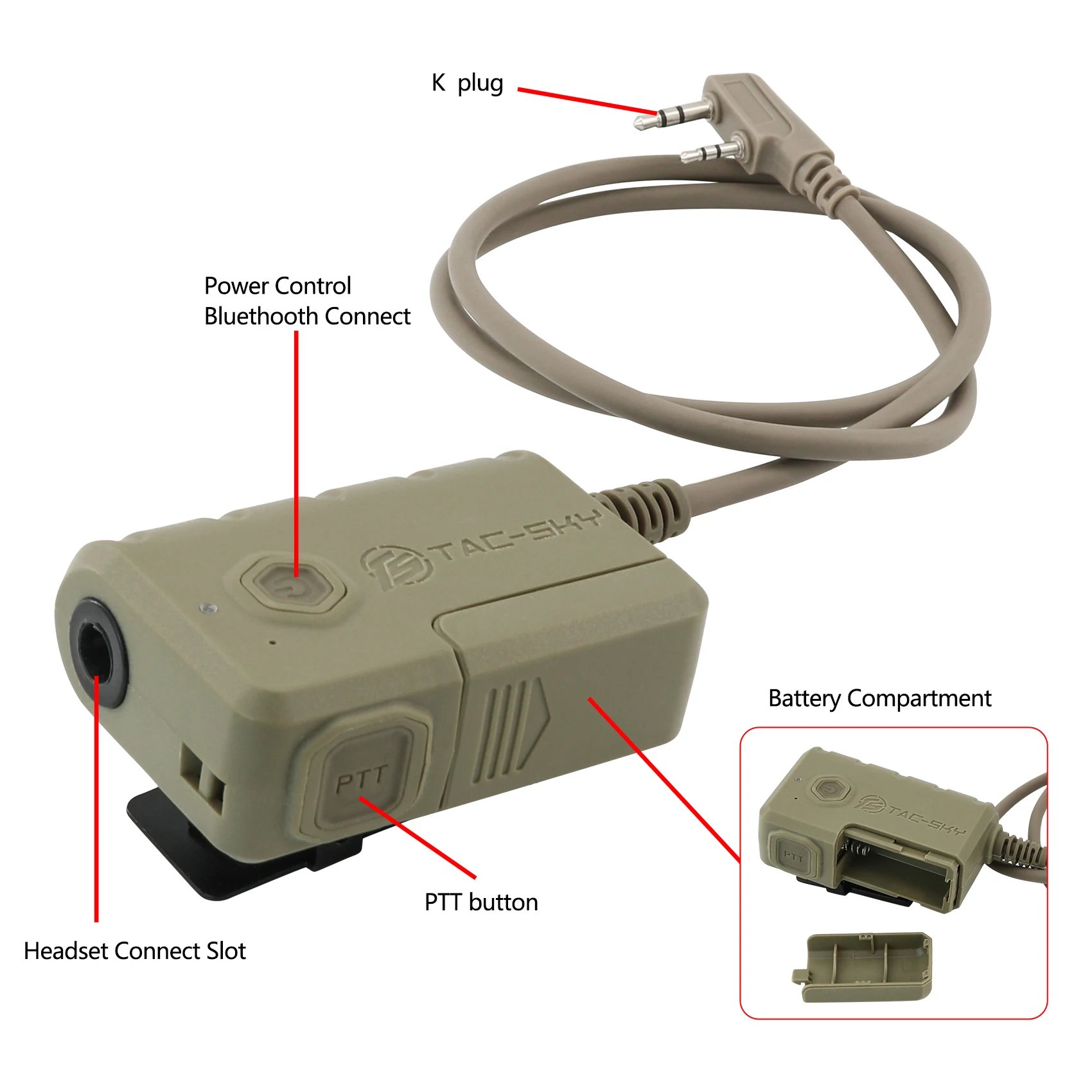 TS TAC-SKY Tactical Headset Cable PTT Adapter 7.0mm Plug with Bluetooth for COMTAC Sordin headsets for Kenwood Walkie Talkies