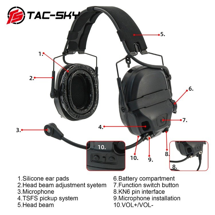 TS TAC-SKY Tactical Headset AMP Headset Civilian Version with RAC ptt for Tactical Helmet ARC Rail Shooting Hearing Protection