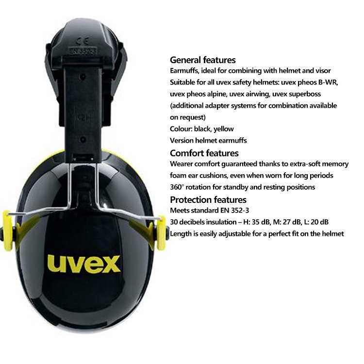 Uvex K2H Helmet Earmuffs Protective Comfortable Safety Ear Hearing Protection Ear Muff Noise Cancelling