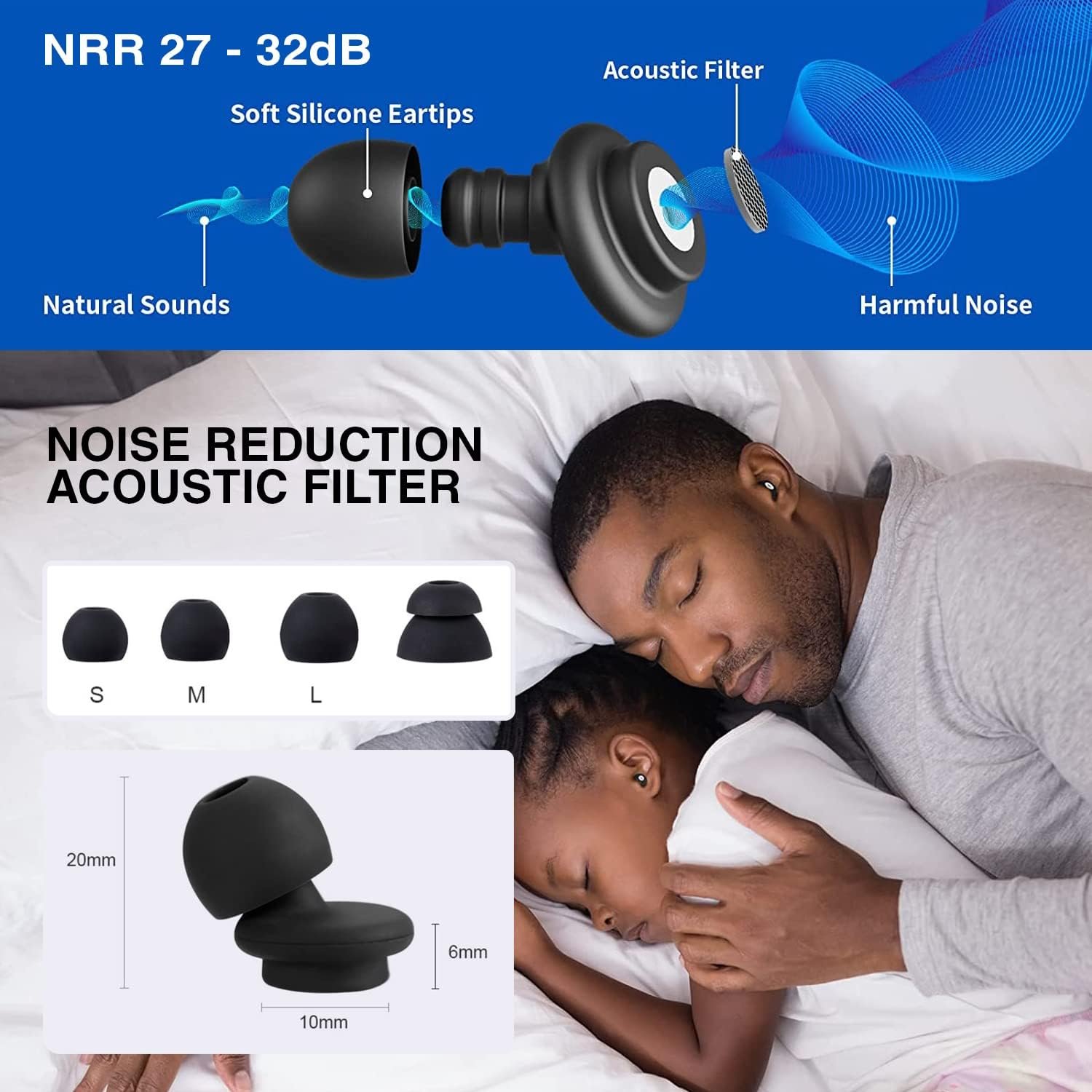 6 Ear Tips in S M L Hearing Protection Sleeping Noise Cancelling Reduction Ear Plugs Earplugs Noise Reduction