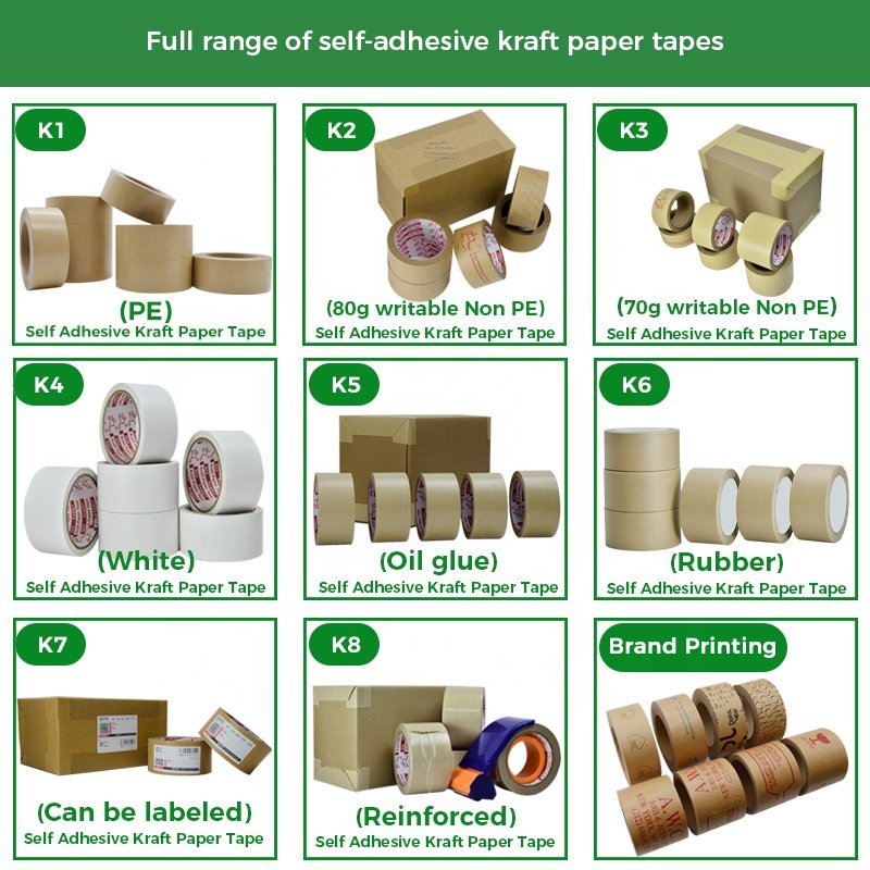 2021 New Eco Friendly Custom Logo Printed biodegradable Water activated Self Adhesive Kraft Paper gummed Tape Packing Tape
