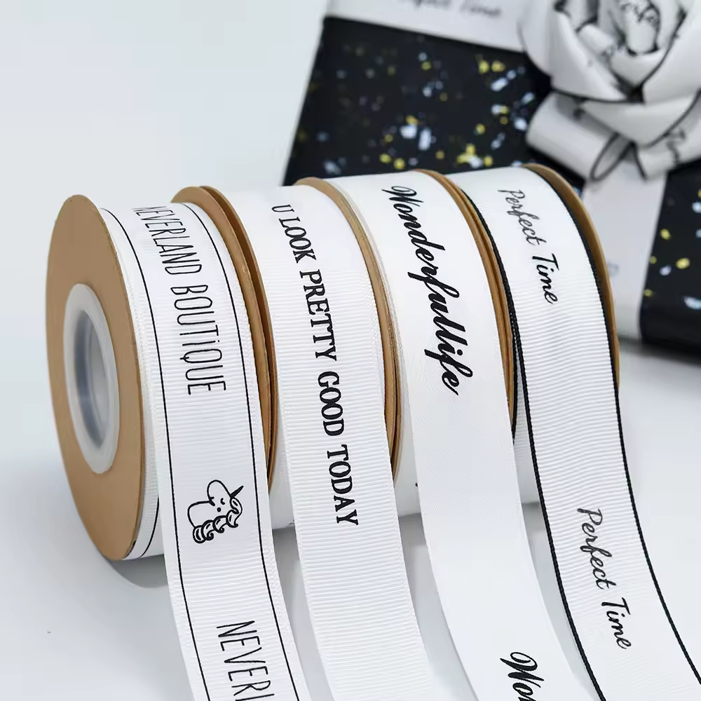 Free Design Suppliers Wholesale Customized White Printed Logo Elastic Loop Pre-made Self Adhesive Grosgrain Ribbon Gift Bows