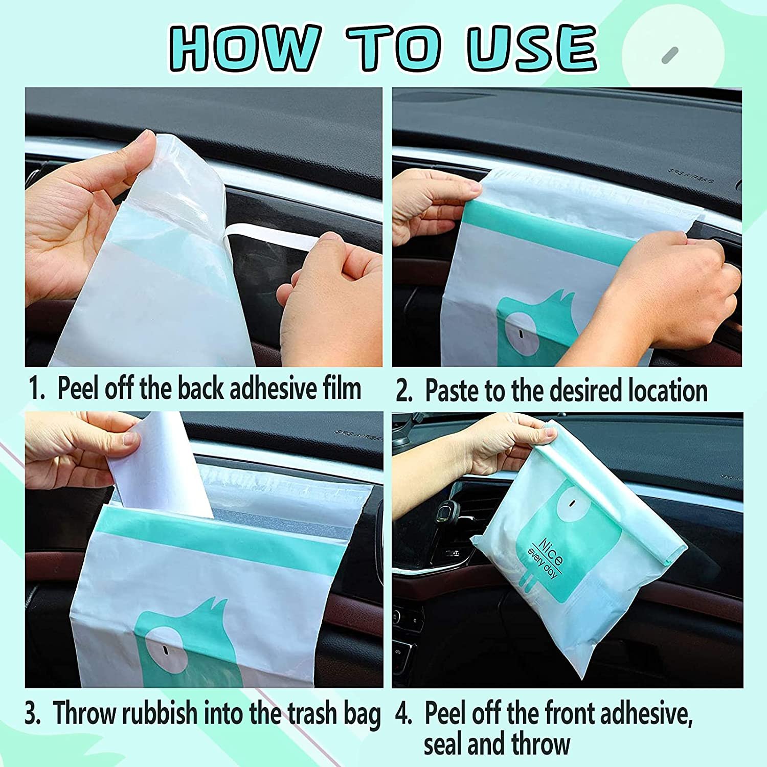 10 x 14 Inch 2 Mil Disposable Stick On Car Trash Bag PE Self Adhesive Bags for Garbage Storage