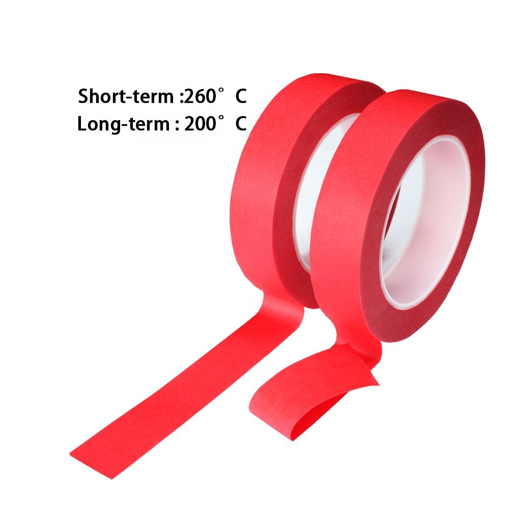 1- Recyclable High Temperature Resistant Spray Paint Masking Red Crepe Paper and PET Base with Silicone Glue Self Adhesive Tape