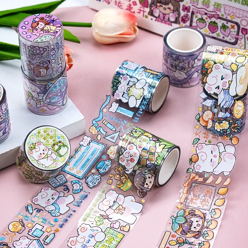 Rainbow hologram self adhesive transparent clear pet film sticker kiss cut washi tape roll for decorative