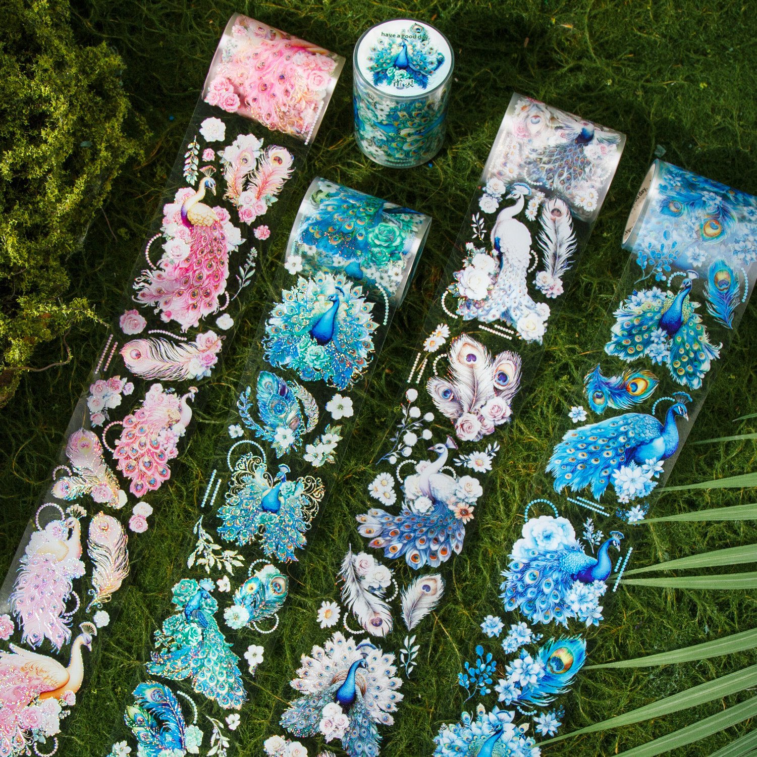 2M/Roll PET Adhesive Tape Sparkling Gold Peacock Series Galaxy Light Peacock Theme Handbook DIY Circular Sticker 4 Styles