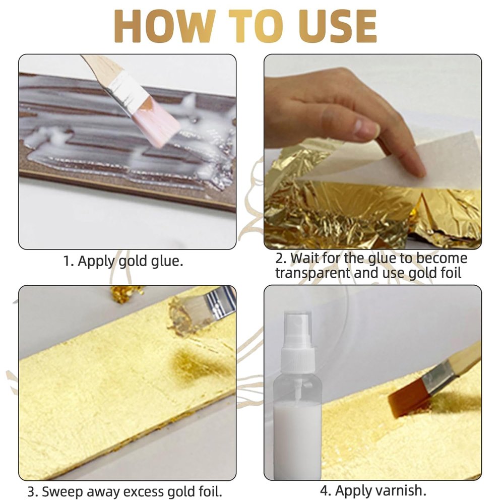 Timesrui Gold Leaf Kit Gilding Adhesive 100ml Set, Water Based Adhesive and Protective Varnish Whit Gold Leaf Sheet Craft