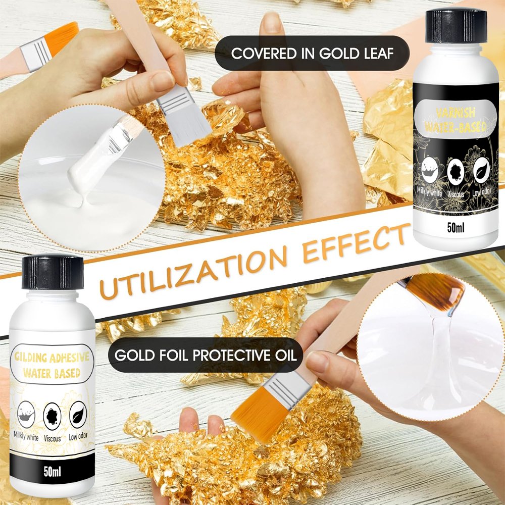 Timesrui Gold Leaf Kit Gilding Adhesive 100ml Set, Water Based Adhesive and Protective Varnish Whit Gold Leaf Sheet Craft