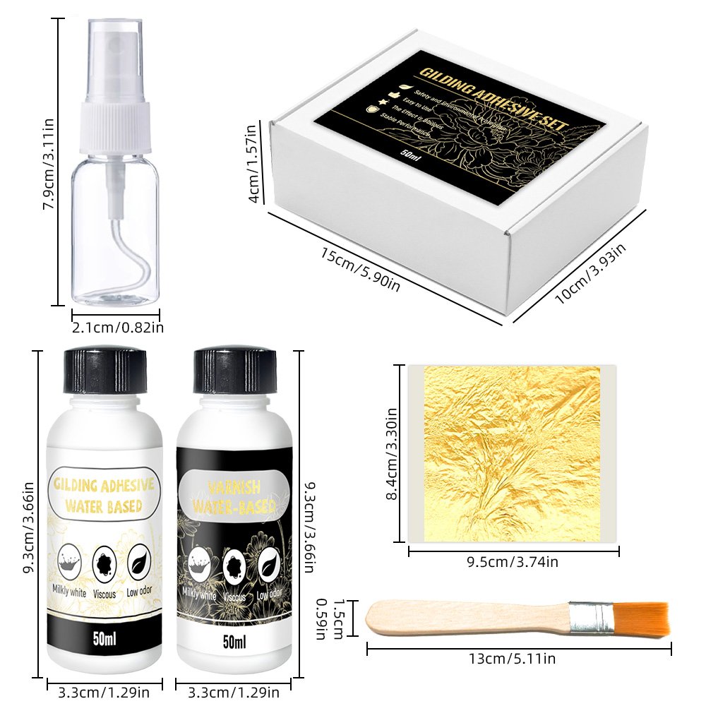 Timesrui Gold Leaf Kit Gilding Adhesive 100ml Set, Water Based Adhesive and Protective Varnish Whit Gold Leaf Sheet Craft