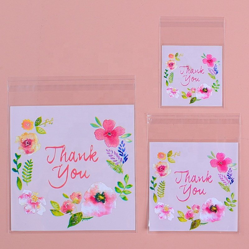 100 Counts Resealable Cellophane Bags Self Adhesive Cello Bags 'Thank You' Printed Poly Cookie Bags for Dessert