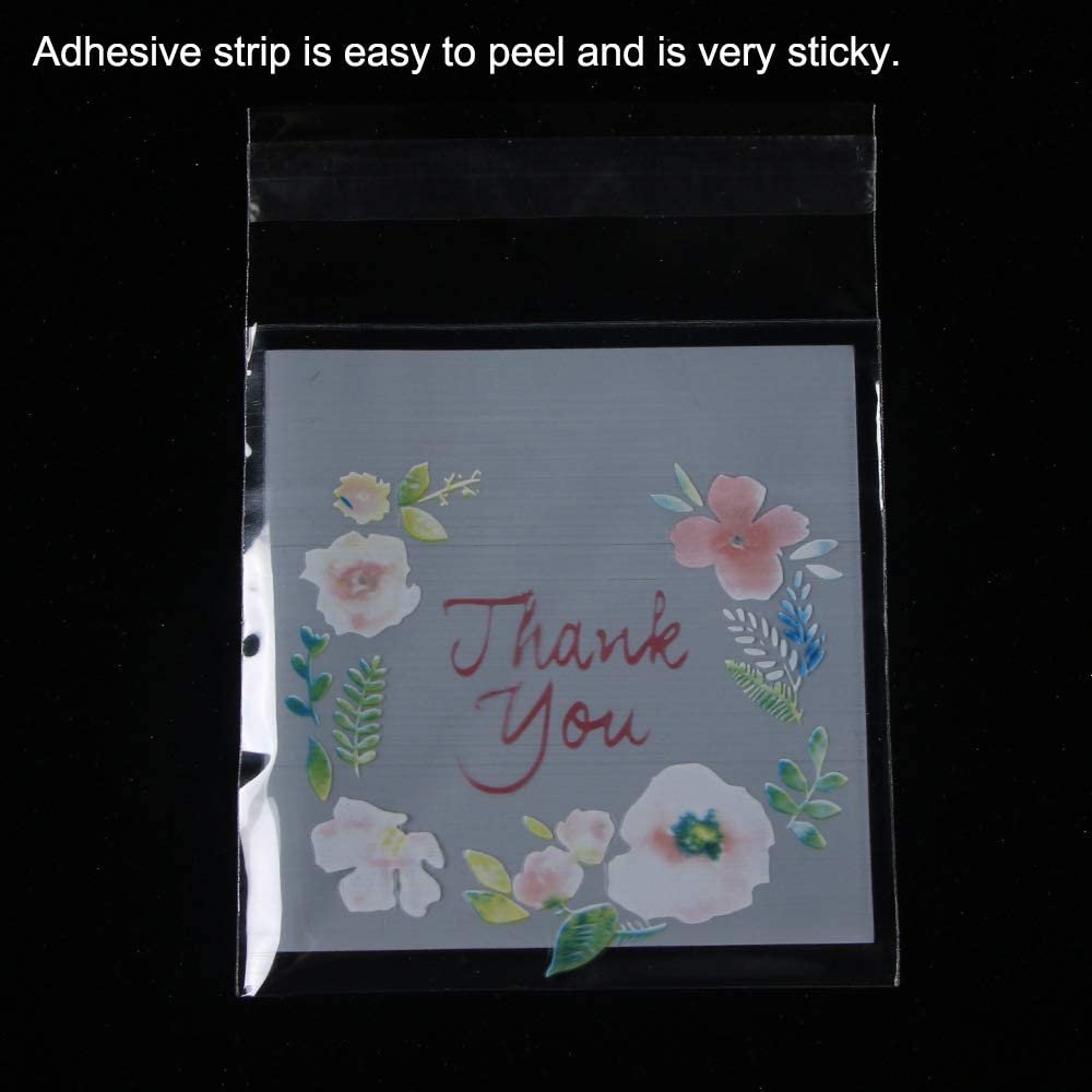 100 Counts Resealable Cellophane Bags Self Adhesive Cello Bags 'Thank You' Printed Poly Cookie Bags for Dessert
