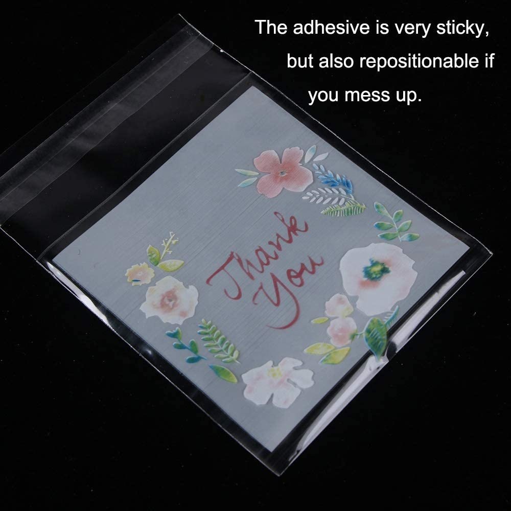 100 Counts Resealable Cellophane Bags Self Adhesive Cello Bags 'Thank You' Printed Poly Cookie Bags for Dessert