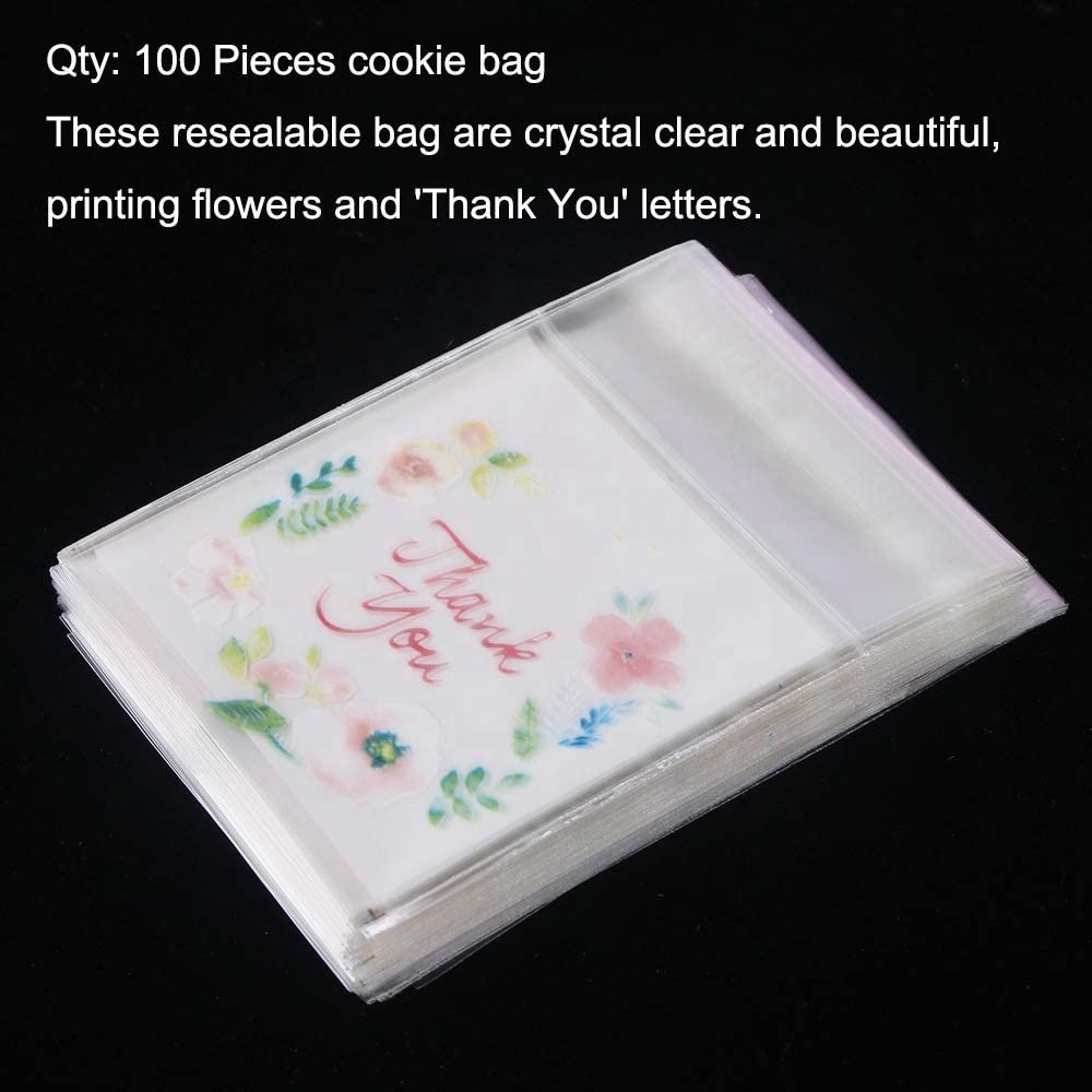 100 Counts Resealable Cellophane Bags Self Adhesive Cello Bags 'Thank You' Printed Poly Cookie Bags for Dessert