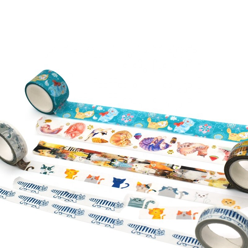 Best Selling 10m Custom Printed Cute Cats Masking Tape Acrylic Adhesive Paper Sticker for Scrapbooking and Gift Packing