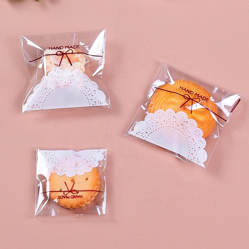 100 pcs Cute Lace Bow Print Self-adhesive Gifts Bags Wedding Party Cookie Packaging for Biscuits Candy Cake
