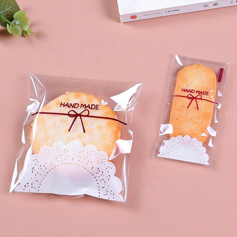 100 pcs Cute Lace Bow Print Self-adhesive Gifts Bags Wedding Party Cookie Packaging for Biscuits Candy Cake