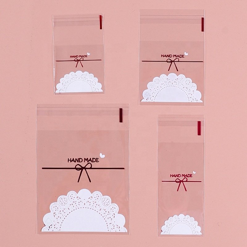 100 pcs Cute Lace Bow Print Self-adhesive Gifts Bags Wedding Party Cookie Packaging for Biscuits Candy Cake