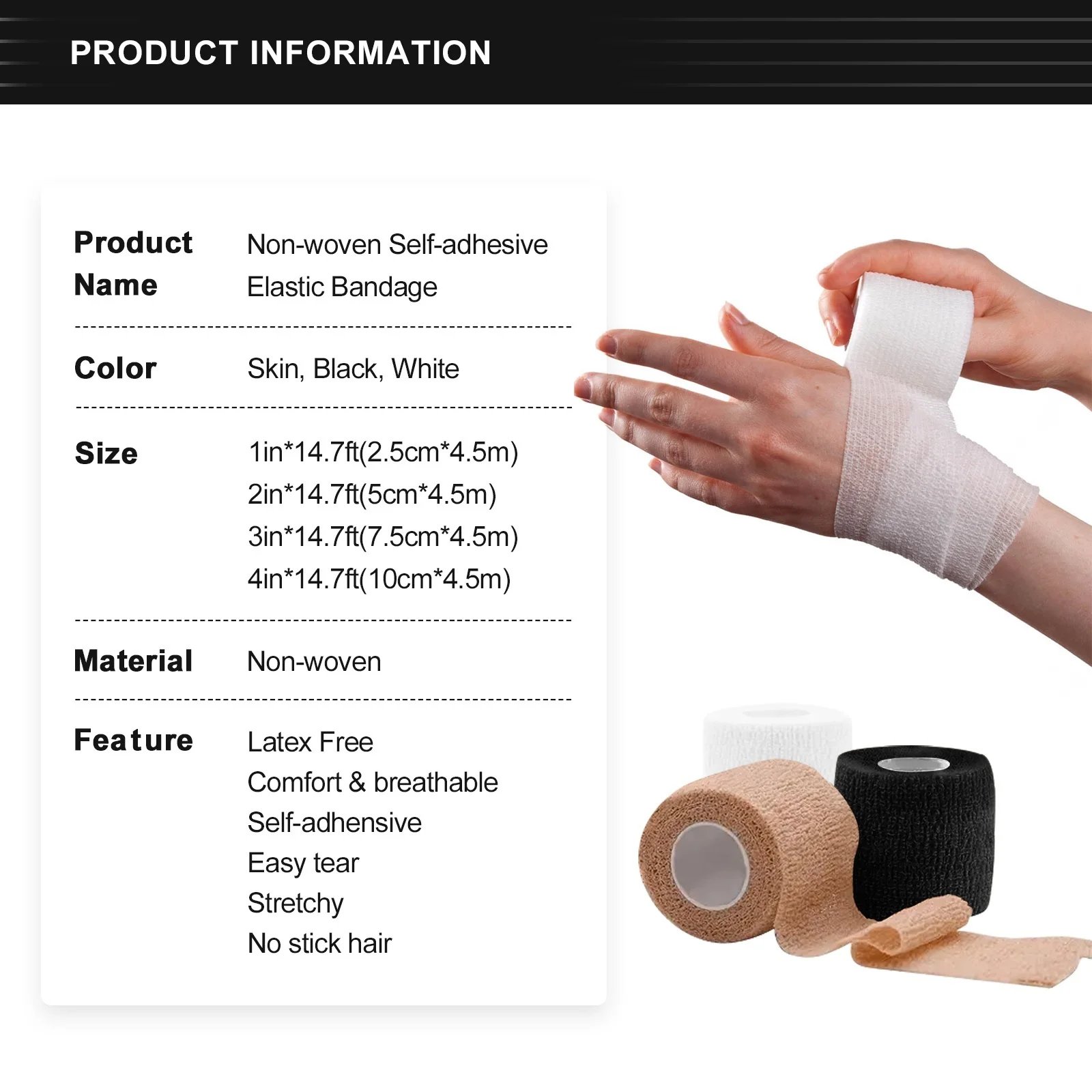 Self Adhesive Bandage White, Elastic Breathable Sports Non-woven Wrap Finger Tape For Wrist Ankle First Aid