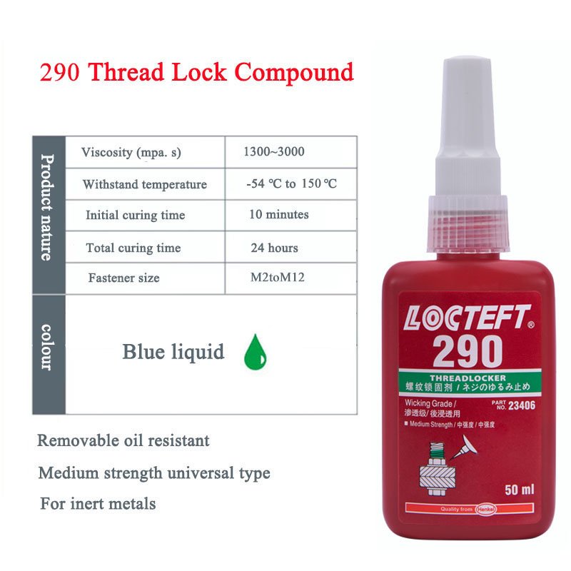 Medium Strength 290 Anaero Screw Glue General Purpose Blue Liquid 1300-3000 mpa Practical Adhesive Stainless Steel Tin Sealant