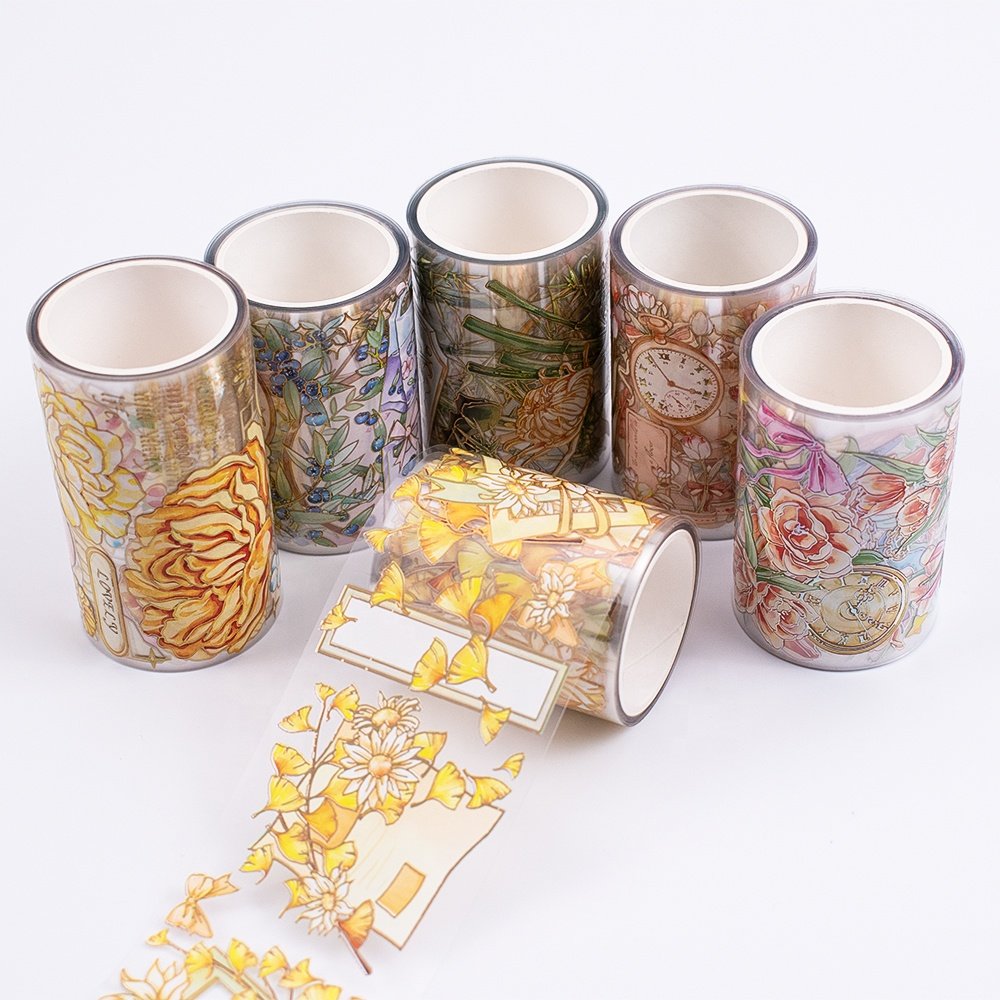 Manufacturer flowers set adhesive tape roll transparent foil washi pet tape custom print