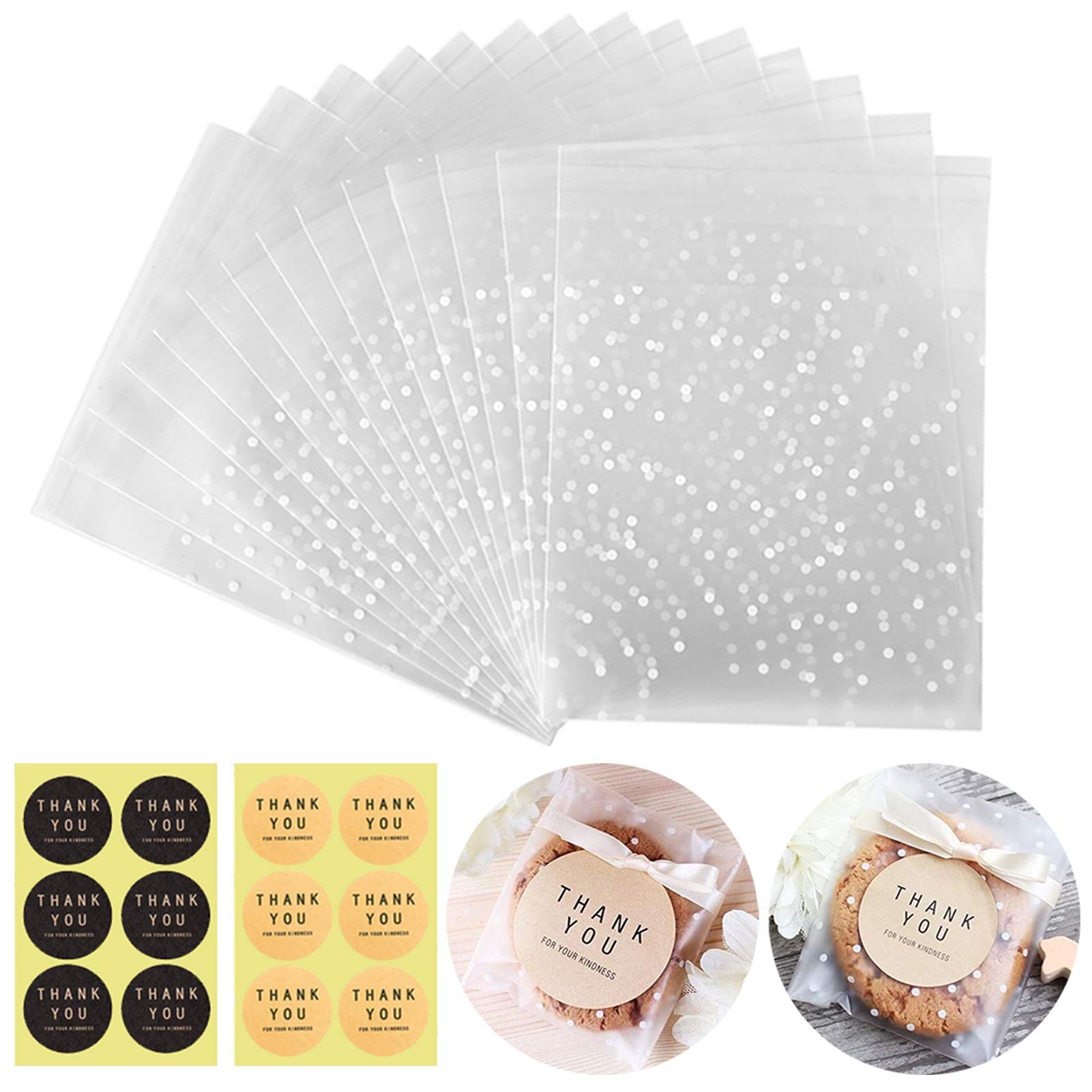 100 PCS Self Adhesive Cookie Bags Plastic Cellophane Pastry Treat Bags for Party Gift Giving Bakery Candy Chocolate