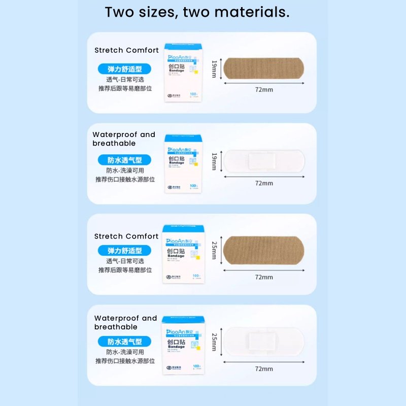Medical bandages of various sizes, adhesives, band-aids, for wound care