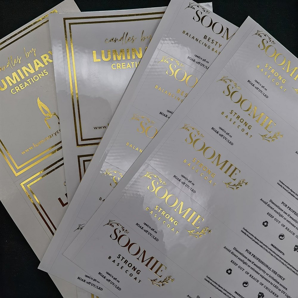 Customised Adhesive Sticker Printed black Die Cut Gold Hot Stamping Film Vinyl PET PVC Waterproof foil sticker