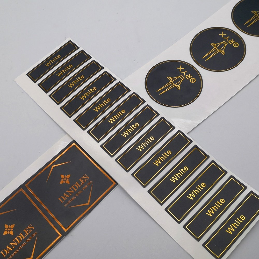 Customised Adhesive Sticker Printed black Die Cut Gold Hot Stamping Film Vinyl PET PVC Waterproof foil sticker