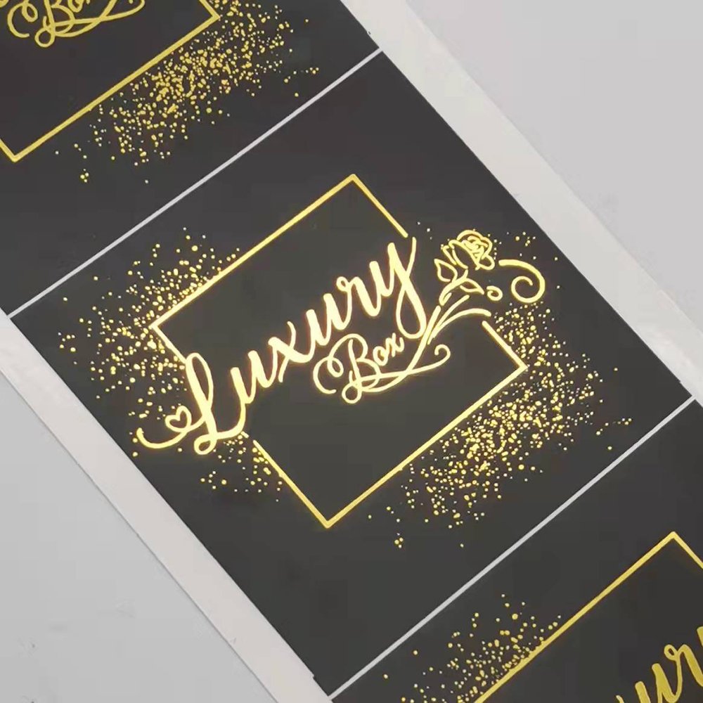 Customised Adhesive Sticker Printed black Die Cut Gold Hot Stamping Film Vinyl PET PVC Waterproof foil sticker