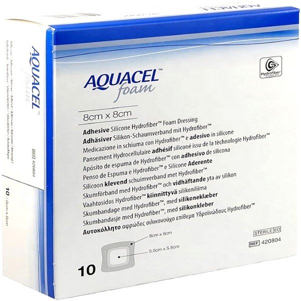 Aquacel Foam Adhesive 8cm x 8cm Pack of 10 Sterile Adhesive Silicone Hydrofiber Foam Dressing
