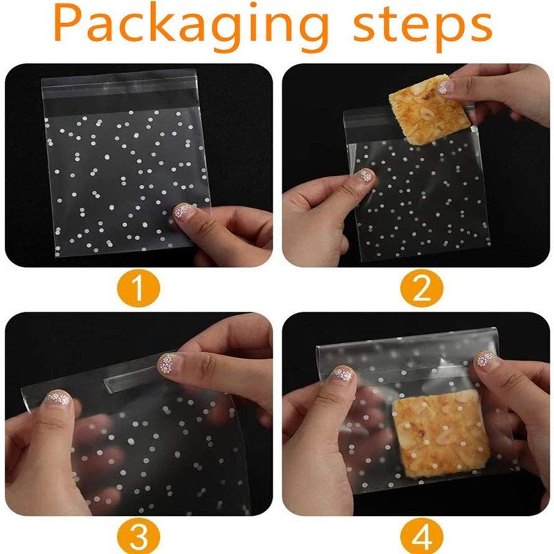 Plastic White Dot Pattern Self Adhesive Treat Bags Reclosable Cellophane Cookie Bags