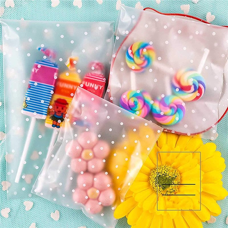 Plastic White Dot Pattern Self Adhesive Treat Bags Reclosable Cellophane Cookie Bags