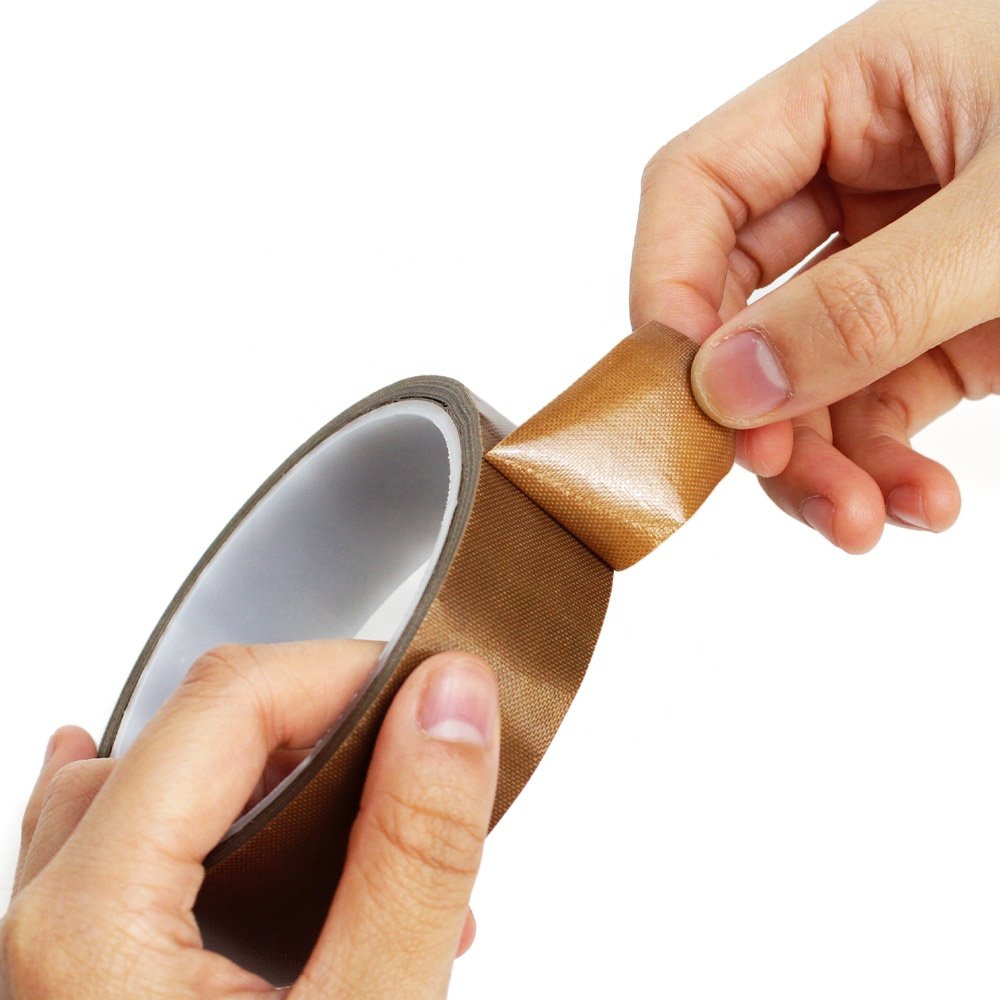 1- Brown Heat Resistant Sealer Anti Sticky Sealing PTFE Coated Fiberglass Glass Cloth with Silicone Glue Self Adhesive Tape